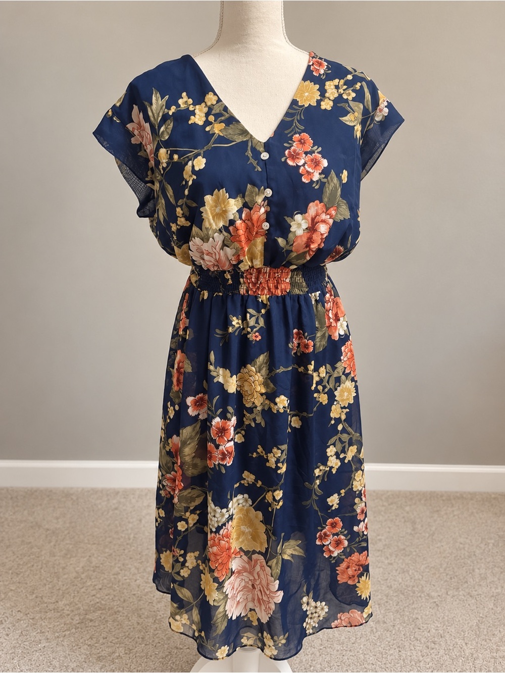 Navy Floral V-Neck Smocked Waist Dress